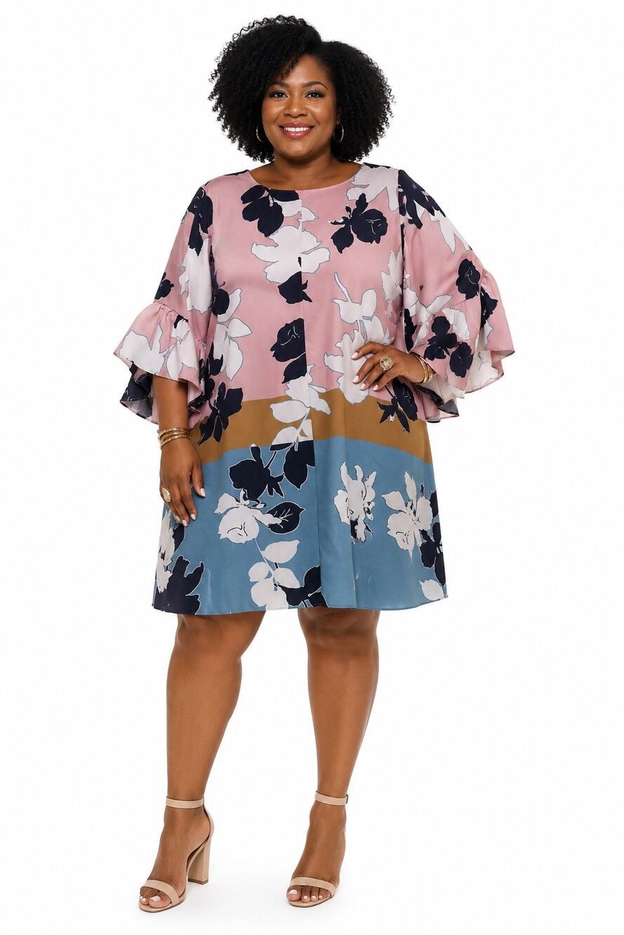 Taylor Woman 22W Floral Shift Dress Pink Blue Bell Sleeve Lined  Plus Size